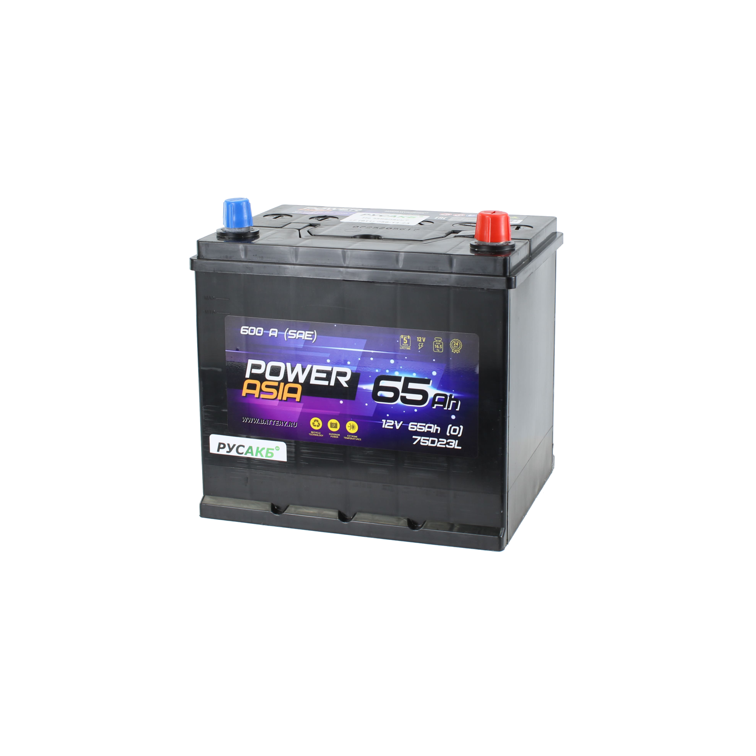 Power Asia 65 (0) Ah 75D23L, 65 Ач, обратная полярность, 232x173x227 мм, 600 Ампер — купить в Санкт-Петербурге