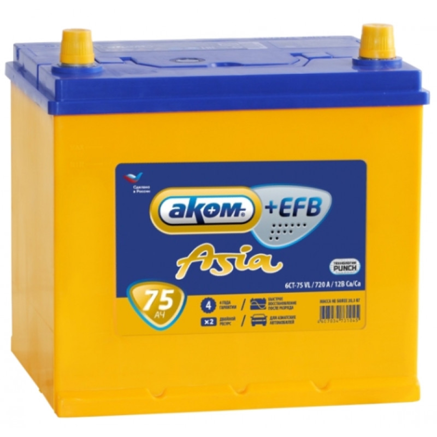 Аком Asia EFB 75 прям. пол., 75 Ач, прямая полярность, 260x173x225 мм, 720 Ампер — купить в Санкт-Петербурге