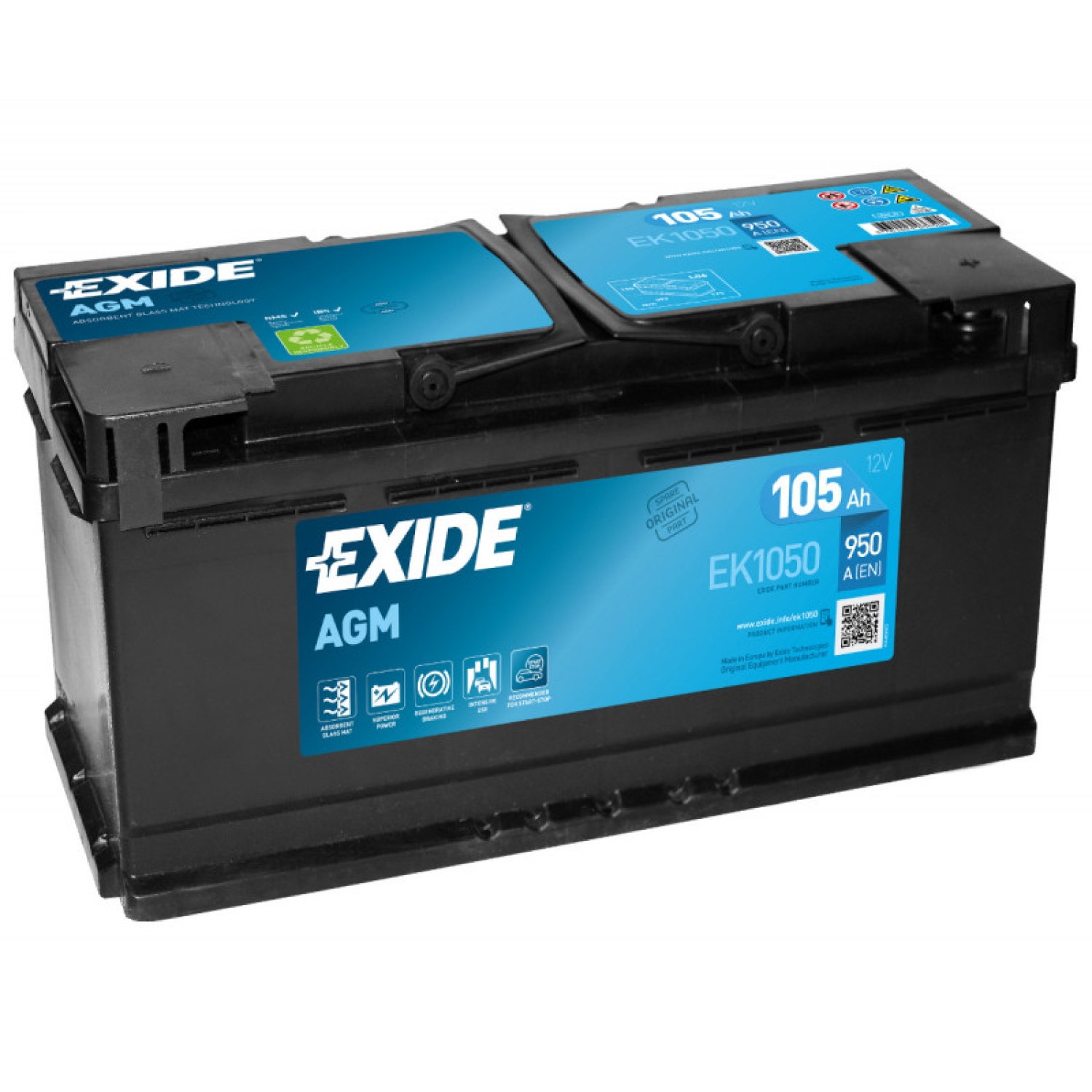 Exide EK1050 Start-Stop AGM (105ач), 105 Ач, обратная полярность, 393x175x190 мм, 950 Ампер — купить в Санкт-Петербурге