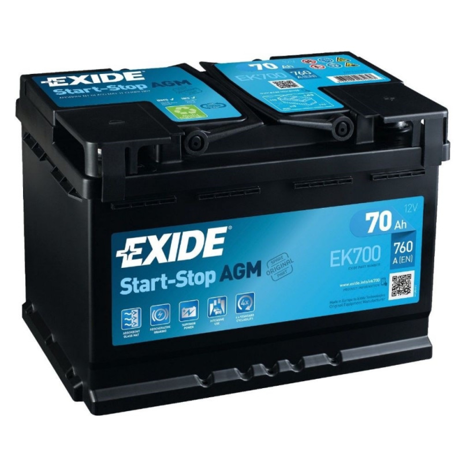 Exide EK700 Start-Stop AGM (70ач), 70 Ач, обратная полярность, 275x175x190 мм, 760 Ампер — купить в Санкт-Петербурге