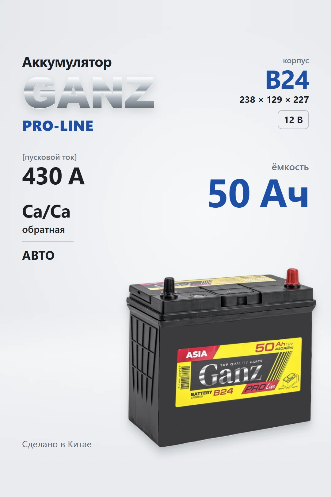 Аккумулятор Ganz PRO-Line Asia 50 Ач обр пол в Спб
