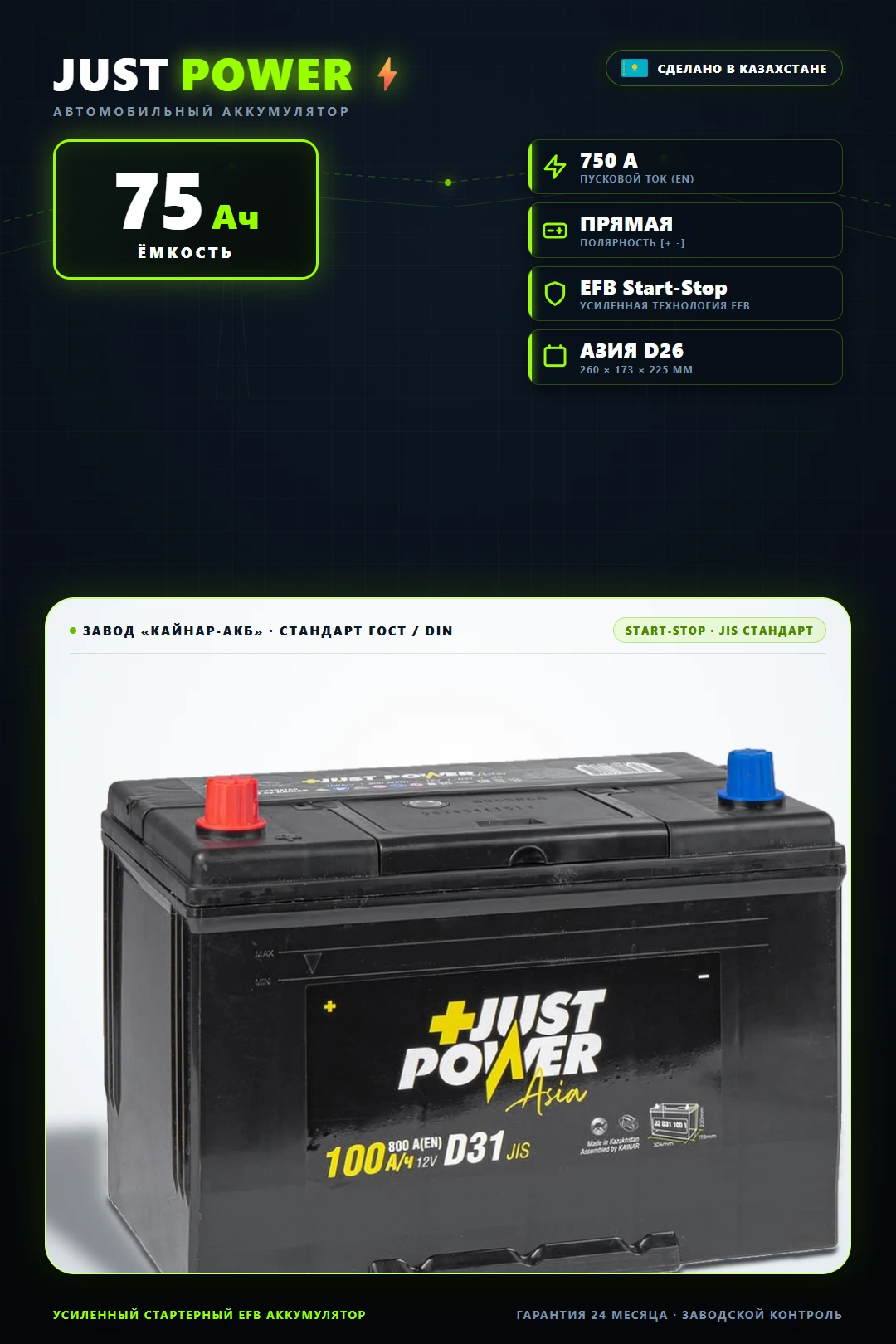 Аккумулятор Just power Asia EFB 75 Ач D26R прям пол в Спб